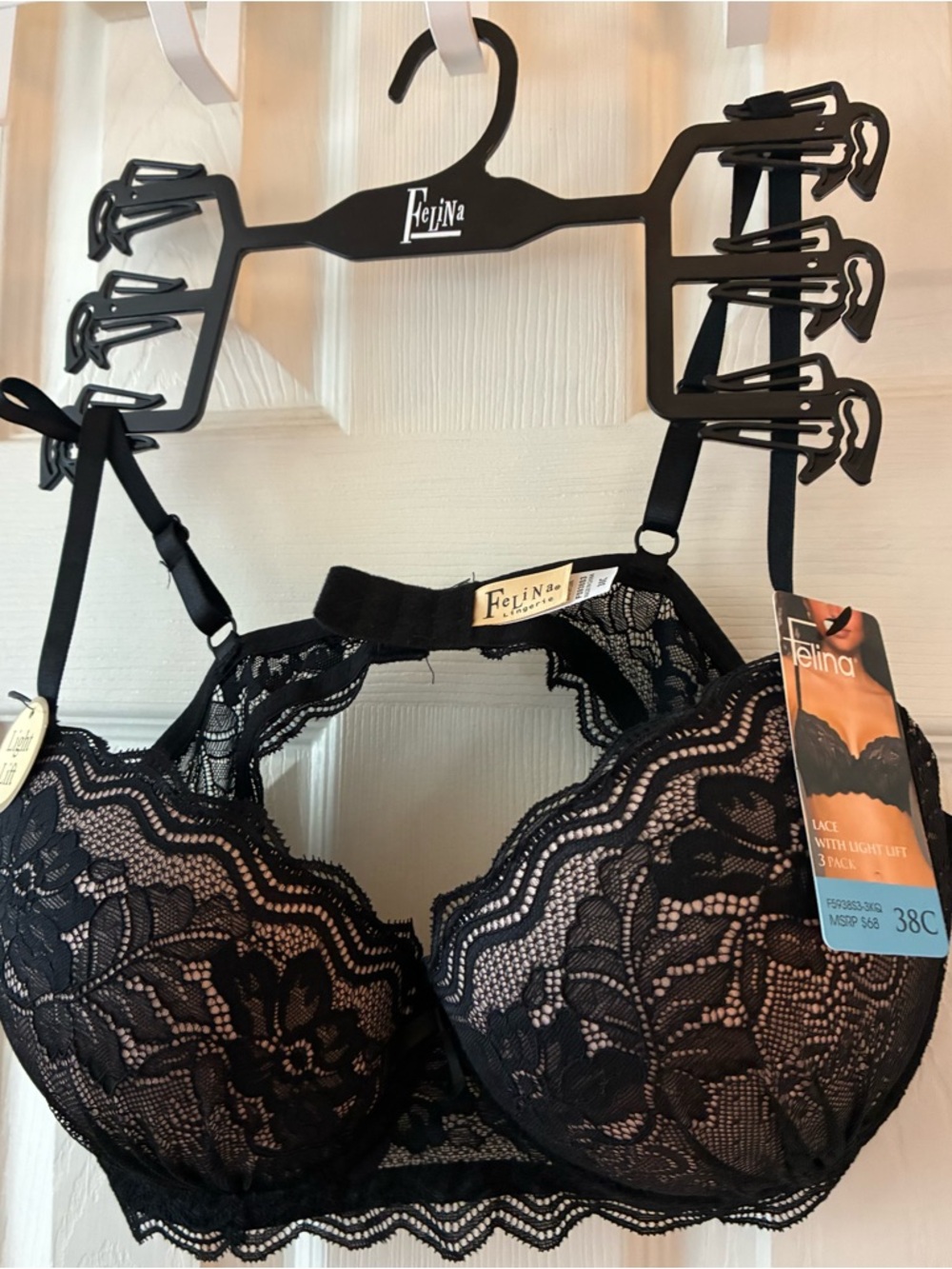 Felina Black Lace Underwire Bra with Floral Overlay